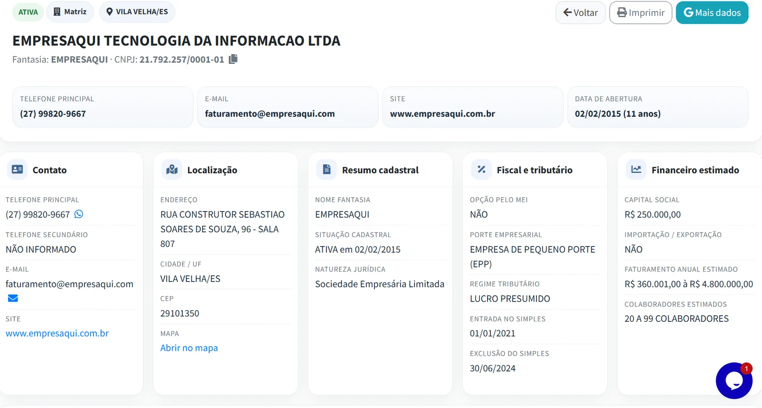 Resultado ampliado de consulta CNPJ no EmpresAqui