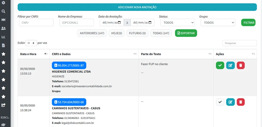 Agenda e anotações do CRM Plus EmpresAqui