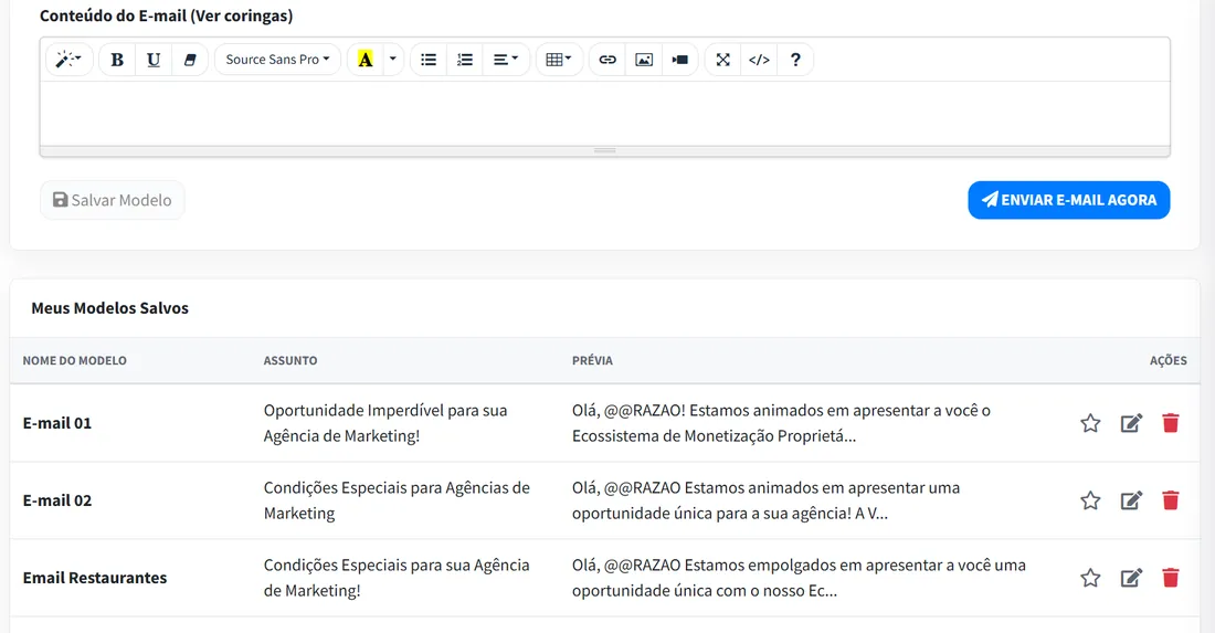 Modelos de e-mail salvos no EmpresAqui Plus